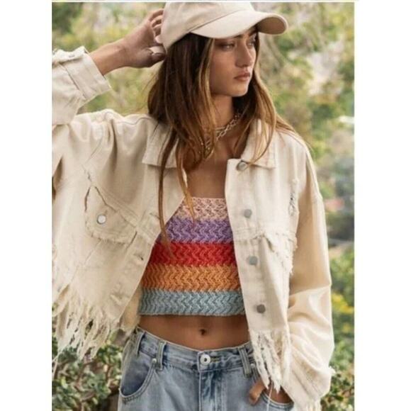 NWOT POL Tie-Shoulder Crochet Crop Top – Rainbow Stripes - Picture 6 of 9